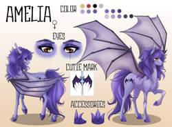 Size: 3550x2613 | Tagged: safe, artist:tri-edge, oc, oc:amelia valkyria, bat pony, pony, cutie mark, eye scar, facial scar, female, high res, hoof shoes, mare, raised hoof, reference sheet, scar, solo, spread wings, wings