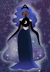 Size: 704x1024 | Tagged: safe, artist:indigohatetrain, princess luna, human, g4, alternate hairstyle, clothes, dark skin, dress, female, humanized, solo, vitiligo, vitiligo luna