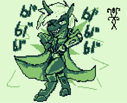 Size: 882x720 | Tagged: safe, artist:damset, oc, oc only, oc:da-mset, changeling, anthro, cloak, clothes, jojo pose, monochrome, ms paint, one eye, pixel art, simple background, solo, taunting, ы"