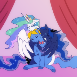 Size: 750x750 | Tagged: safe, artist:jitterbugjive, perfect pace, princess celestia, princess luna, alicorn, pony, ask the master, g4, crying, doctor who, female, hug, male, mare, stallion, the master, winghug, wings