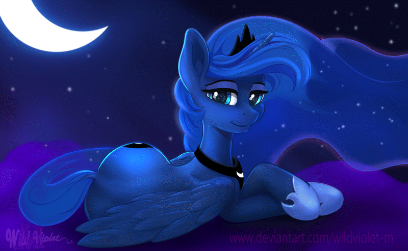 [alicorn,animated,blinking,crescent moon,crown,digital art,feather,female,gif,horn,jewelry,looking at you,mare,moon,night,pony,princess luna,safe,solo,sparkles,stars,tail,wings,lying down,regalia,ethereal mane,starry mane,lidded eyes,peytral,blue eyes,blue mane,hoof shoes,smiling,folded wings,smiling at you,blue tail,ethereal tail,artist:wildviolet-m,starry tail]