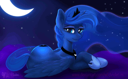 Size: 800x493 | Tagged: safe, artist:wildviolet-m, princess luna, alicorn, pony, g4, animated, blinking, blue eyes, blue mane, blue tail, crescent moon, crown, digital art, ethereal mane, ethereal tail, feather, female, folded wings, gif, hoof shoes, horn, jewelry, lidded eyes, looking at you, lying down, mare, moon, night, peytral, regalia, smiling, smiling at you, solo, sparkles, starry mane, starry tail, stars, tail, wings