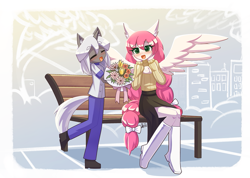 Size: 1407x1000 | Tagged: safe, artist:howxu, oc, oc only, pegasus, unicorn, anthro, bench, breasts, cleavage, duo, female, flower, long hair, male, oc x oc, shipping, straight, tail