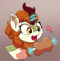Size: 1180x1200 | Tagged: safe, artist:pabbley, edit, autumn blaze, kirin, pony, g4, animated, awwtumn blaze, biting, bust, chomp, cute, cute little fangs, eating, exclamation point, eyes closed, fangs, female, floating heart, floppy ears, food, gif, gradient background, heart, levitation, magic, meat, nom, omnivore, open mouth, open smile, smiling, solo, telekinesis, two-frame gif