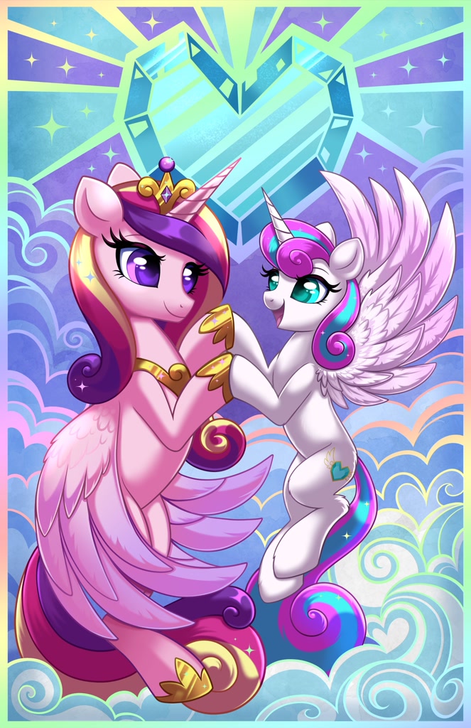 [alicorn,duo,female,holding hooves,mother and daughter,older,open mouth,pony,princess cadance,safe,looking at each other,smiling,princess flurry heart,mother and child,older flurry heart,open smile,looking at someone,smiling at each other,artist:confetticakez]
