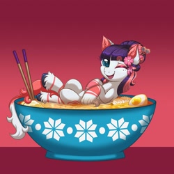 Size: 4000x4000 | Tagged: safe, artist:confetticakez, oc, oc only, earth pony, pony, chopsticks, commission, cute, earth pony oc, egg, female, food, noodles, ocbetes, open mouth, open smile, ponies in food, ramen, smiling, ych result