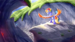 Size: 1920x1080 | Tagged: safe, artist:thatonegib, rainbow dash, pegasus, pony, g4, redesign, scenery, smiling, solo, spread wings, wings