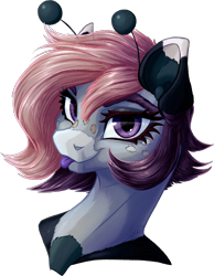 Size: 938x1206 | Tagged: safe, artist:thatonegib, oc, oc only, oc:scuttlebug, :p, bust, freckles, looking at you, multicolored hair, portrait, simple background, smiling, solo, tongue out, transparent background