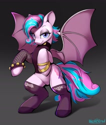 Size: 2480x2927 | Tagged: safe, artist:blazingstred, oc, oc only, oc:sweetie swirl, bat pony, pony, bipedal, bracelet, choker, claws, clothes, commission, femboy, fishnet clothing, gradient background, gray background, high res, jewelry, lidded eyes, looking at you, male, simple background, spread wings, stallion, stockings, thigh highs, wing claws, wings, ych result