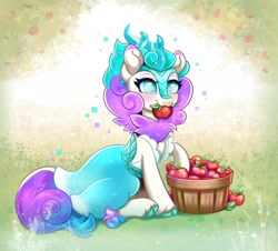 Size: 2048x1848 | Tagged: safe, artist:confetticakez, oc, oc only, oc:fizzy glitch, kirin, apple, female, food, kirin oc, ponyville ciderfest, solo, sparkly mane, sparkly tail, tail