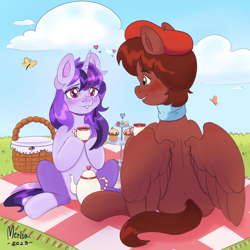 Size: 3000x3000 | Tagged: safe, artist:merisa, oc, oc only, oc:autumn rosewood, oc:dreaming bell, butterfly, pegasus, pony, unicorn, basket, beret, blushing, clothes, cookie, cup, duo, female, food, grass, hat, high res, horn, looking at each other, looking at someone, male, mare, muffin, outdoors, picnic, picnic basket, picnic blanket, scarf, sitting, stallion, teacup, teapot, two toned coat, wings