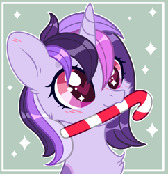 Size: 2634x2720 | Tagged: safe, artist:sarahsuresh-art, oc, oc only, oc:dreaming bell, pony, unicorn, base used, candy, candy cane, christmas, commission, cute, female, food, happy, heart, heart eyes, hearts warming day, high res, holiday, horn, mare, ocbetes, solo, unicorn oc, wingding eyes, ych result