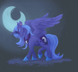 Size: 1280x1187 | Tagged: safe, artist:splooto, princess luna, alicorn, pony, g4, blue mane, blue tail, crescent moon, crying, digital art, eyes closed, eyeshadow, female, grass, gray background, hoof shoes, horn, makeup, mare, moon, night, peytral, raised hoof, sad, simple background, solo, sparkles, stars, tail, walking, wings