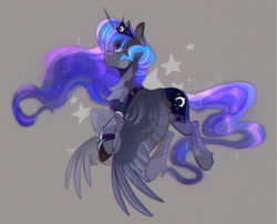 Size: 1280x1036 | Tagged: safe, artist:swoopypoolin, princess luna, alicorn, pony, g4, blue eyes, blue mane, blue tail, chest fluff, crown, ethereal mane, ethereal tail, feather, female, flowing mane, flowing tail, flying, gem, gray background, horn, jewelry, mare, regalia, sad, simple background, solo, sparkles, spread wings, stars, tail, wings