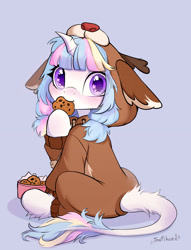 Size: 2894x3787 | Tagged: safe, artist:sofiko-ko, oc, pony, unicorn, bell, clothes, cookie, costume, eating, female, filly, foal, food, high res, horn, kigurumi, looking at you, solo, stars, unicorn oc
