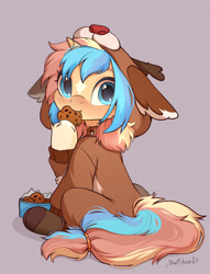 Size: 2894x3787 | Tagged: safe, artist:sofiko-ko, oc, oc:star screw, pony, unicorn, bell, clothes, cookie, costume, eating, female, filly, foal, food, high res, horn, kigurumi, looking at you, solo, stars, unicorn oc