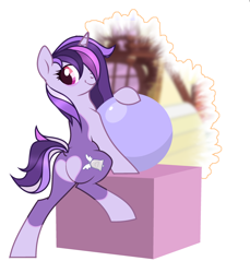 Size: 2688x2932 | Tagged: safe, artist:pritonhells, oc, oc only, oc:dreaming bell, pony, unicorn, ball, butt, commission, cute, female, heart, heart butt, heart mark, high res, horn, looking at you, mare, ocbetes, plot, posing for photo, raised tail, rear view, solo, spread legs, spreading, standing, standing on one leg, tail, two toned coat, unicorn oc, ych result