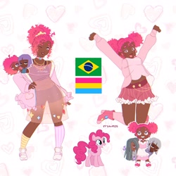 Size: 2048x2048 | Tagged: safe, artist:cryweas, limestone pie, marble pie, maud pie, pinkie pie, earth pony, human, pony, g4, alternate hairstyle, boots, brazil, choker, clothes, cute, dark skin, diapinkes, dress, ear piercing, earring, eyeshadow, female, freckles, high heel boots, high res, hoodie, humanized, jewelry, makeup, mare, mismatched socks, one eye closed, pansexual, pansexual pride flag, piercing, pride, pride flag, shoes, shorts, skirt, sneakers, socks, sports bra, sports shorts, stockings, striped socks, thigh highs, wink