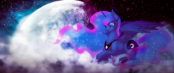 Size: 2560x1080 | Tagged: safe, artist:limreiart, princess luna, alicorn, pony, g4, beautiful, blue eyes, blue tail, cloud, commission, ethereal mane, ethereal tail, eyeshadow, feather, female, flowing mane, flowing tail, frown, hoof shoes, horn, looking down, lying down, makeup, mare, moon, night, sad, solo, space, sparkles, starry mane, starry tail, stars, tail, unamused, wings