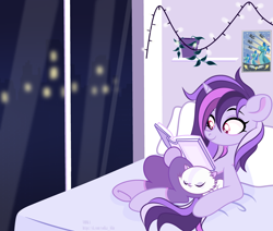 Size: 3900x3300 | Tagged: safe, artist:piterpank, oc, oc only, oc:dreaming bell, cat, pony, unicorn, bed, book, commission, cute, female, high res, horn, lying down, lying on bed, mare, ocbetes, on bed, pillow, reading, room, solo, two toned coat, unicorn oc, window, ych result
