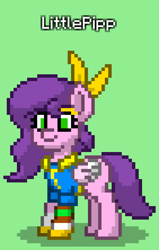 Size: 564x888 | Tagged: safe, pipp petals, oc, oc:littlepip, pegasus, pony, fallout equestria, pony town, g5, clothes, cosplay, costume, green background, implied littlepip, jumpsuit, namesake, pipbuck, pun, simple background, solo, vault suit, visual pun