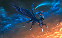 Size: 1280x791 | Tagged: safe, artist:das_leben, princess luna, alicorn, pony, g4, beautiful, blue eyes, blue mane, blue tail, cloud, crepuscular rays, crescent moon, crown, digital art, feather, female, flowing mane, flowing tail, flying, hoof shoes, horn, jewelry, large wings, lipstick, logo, looking up, mare, moon, night, peytral, regalia, scenery, sky, solo, sparkles, spread wings, stars, tail, wings
