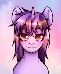 Size: 5000x6000 | Tagged: safe, artist:fraiter, oc, oc only, oc:dreaming bell, pony, unicorn, bust, commission, cute, female, horn, looking at you, mare, ocbetes, portrait, smiling, solo, unicorn oc