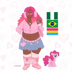 Size: 2048x2048 | Tagged: safe, artist:cryweas, pinkie pie, earth pony, human, pony, g4, alternate hairstyle, bag, belly button, belt, boots, brazil, chubby, clothes, cute, dark skin, diapinkes, female, freckles, high res, hoodie, humanized, jewelry, mare, midriff, nail polish, necklace, one eye closed, pansexual, pansexual pride flag, peace sign, pride, pride flag, shoes, skirt, socks, stockings, stretchmarks, sunglasses, thigh highs, wink