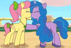Size: 540x367 | Tagged: source needed, useless source url, safe, edit, edited screencap, screencap, izzy moonbow, posey bloom, earth pony, pony, unicorn, g5, my little pony: tell your tale, spoiler:g5, spoiler:my little pony: tell your tale, duo, episode needed, eyes closed, fake screencap, female, i can't believe it's not hasbro studios, kiss on the lips, kissing, lesbian, mare, ship:poseymoonbow, shipping