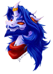 Size: 1051x1467 | Tagged: safe, artist:thatonegib, oc, oc only, changedling, changeling, bandana, beard, bust, changedling oc, changeling oc, facial hair, horn, horn ring, long hair, looking at you, portrait, ring, signature, simple background, smiling, solo, transparent background