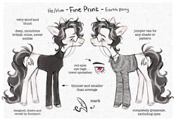 Size: 1345x924 | Tagged: safe, artist:lutraviolet, oc, oc only, oc:fine print, earth pony, pony, bags under eyes, clothes, colored hooves, earth pony oc, glasses, glasses chain, hooves, male, pronouns, red eyes, reference sheet, scruff, shiny hooves, slender, solo, stallion, standing, sweater, thin, turtleneck, unshorn fetlocks