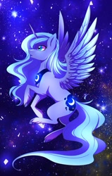 Size: 815x1280 | Tagged: safe, artist:perlenfuchs, princess luna, alicorn, pony, g4, blue eyes, blue mane, blue tail, digital art, feather, female, flowing mane, flowing tail, flying, glowing, horn, looking up, mare, night, open mouth, solo, space, sparkles, spread wings, stars, tail, unshorn fetlocks, wings