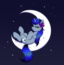 Size: 3280x3348 | Tagged: safe, artist:confetticakez, oc, oc only, pony, unicorn, blue mane, blue tail, crescent moon, eyes closed, female, flower, flower in hair, gray coat, high res, horn, lying down, mare, moon, on back, sleeping, sleeping on moon, smiling, solo, starry sky, tail, tangible heavenly object, unicorn oc