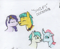 Size: 620x508 | Tagged: safe, artist:alejandrogmj, hitch trailblazer, ocellus, pipp petals, sandbar, changedling, changeling, earth pony, pegasus, pony, g4, g5, bust, female, male, ship:ocelbar, ship:pitch, shipping, straight, traditional art