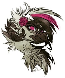 Size: 1117x1336 | Tagged: safe, artist:thatonegib, oc, oc:alz riel-delano, griffon, bust, flower, frown, griffon oc, horns, long hair, looking at you, multicolored hair, portrait, rose, scar, scared, solo