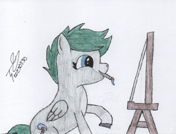 Size: 815x620 | Tagged: safe, artist:alejandrogmj, oc, oc only, pegasus, pony, painting, raised hoof, traditional art