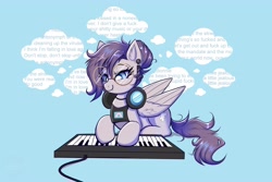 Size: 4096x2731 | Tagged: safe, artist:confetticakez, oc, oc only, oc:vylet, pegasus, pony, antonymph, vylet pony, blue background, ear piercing, earring, female, glasses, headphones, jewelry, keyboard, lying down, lyrics, musical instrument, pegasus oc, piano, piercing, prone, simple background, text, thought bubble