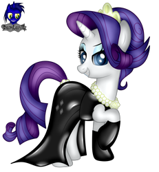 Size: 3840x4154 | Tagged: safe, artist:damlanil, rarity, pony, unicorn, g4, bedroom eyes, breakfast at tiffany's, clothes, collar, crown, dress, eyeshadow, female, gloves, grin, horn, implied tail hole, jewelry, latex, latex dress, latex gloves, latex socks, makeup, mare, raised hoof, regalia, rubber, shiny, show accurate, simple background, smiling, socks, solo, tail, transparent background, vector