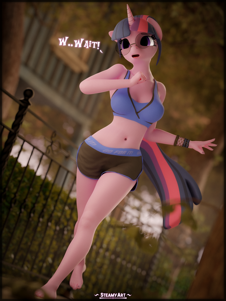 [3d,anthro,barefoot,blender,feet,glasses,running,safe,solo,sweat,text,twilight sparkle,unicorn,workout outfit,plantigrade anthro,sci-twi,artist:steamyart]