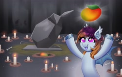 Size: 3444x2160 | Tagged: safe, artist:confetticakez, oc, oc only, bat pony, pony, altar, bat pony oc, candle, female, food, high res, mango, worship