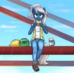 Size: 2048x2017 | Tagged: safe, artist:confetticakez, oc, oc only, anthro, plantigrade anthro, anthro oc, clothes, construction, construction pony, denim, female, food, hard hat, hat, high res, pants, sandwich