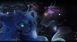 Size: 1280x704 | Tagged: safe, artist:pag0rki, king sombra, princess luna, alicorn, pony, unicorn, g4, black mane, blue eyes, blue mane, cloud, colored horn, crown, curved horn, digital art, ethereal mane, eyeshadow, fangs, female, flowing mane, glowing, glowing eyes, horn, jewelry, lidded eyes, looking at each other, looking at someone, makeup, male, mare, red eyes, regalia, ship:lumbra, shipping, snow, sombra eyes, sombra horn, stallion, starry mane, straight
