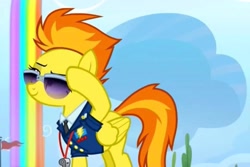 Size: 2160x1447 | Tagged: safe, screencap, spitfire, pegasus, pony, g4, the washouts (episode), clothes, cloud, cropped, drill sergeant, female, flag, flag pole, mare, necktie, rainbow waterfall, solo, spitfire's tie, spitfire's whistle, suit, sunglasses, uniform, whistle, whistle necklace, wonderbolts dress uniform
