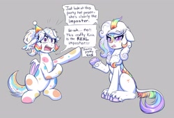 Size: 4096x2785 | Tagged: safe, artist:confetticakez, oc, oc only, oc:confetti cupcake, bat pony, kirin, pony, bat pony oc, bodypaint, chest fluff, cloven hooves, colored pupils, dialogue, duo, fangs, female, floppy ears, frown, gray background, hat, impostor, kirin oc, leonine tail, lidded eyes, looking at you, mare, party hat, pointing, seems legit, simple background, sitting, speech bubble, suspicious, tail, unamused, unshorn fetlocks, wide eyes