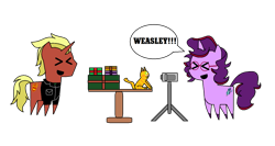 Size: 1227x651 | Tagged: safe, artist:equestriaguy637, oc, oc:aramau, oc:firebrand, oc:weasley the cat, cat, pony, amused, aramau is amused, camera, clothes, firebrand is amused, glasses, jacket, photobomb, pointy ponies, scene interpretation, simple background, speech, speech bubble, talking, transparent background