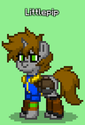 Size: 576x840 | Tagged: safe, oc, oc only, oc:littlepip, pony, unicorn, fallout equestria, pony town, armored vault suit, bag, clothes, eyes open, green background, green eyes, jumpsuit, pipbuck, saddle bag, simple background, solo, vault suit