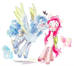 Size: 1161x1035 | Tagged: safe, artist:lutraviolet, oc, oc only, earth pony, pegasus, pony, g1, blushing, kissing, toy