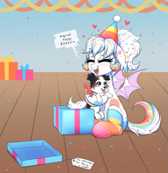 Size: 665x688 | Tagged: safe, artist:confetticakez, oc, oc only, oc:confetty cupcake, bat pony, dog, pony, bat pony oc, birthday, blushing, cute, eeee, female, present