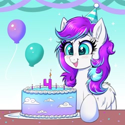 Size: 4000x4000 | Tagged: safe, artist:confetticakez, oc, oc only, pegasus, pony, birthday, birthday cake, blushing, cake, candle, female, food, gradient background, pegasus oc, solo