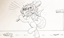 Size: 1024x624 | Tagged: safe, artist:confetticakez, oc, oc only, oc:confetti cupcake, bat pony, pony, angry, baseball bat, bat pony oc, blushing, eye clipping through hair, female, michigan, monochrome, pothole, sketch, solo